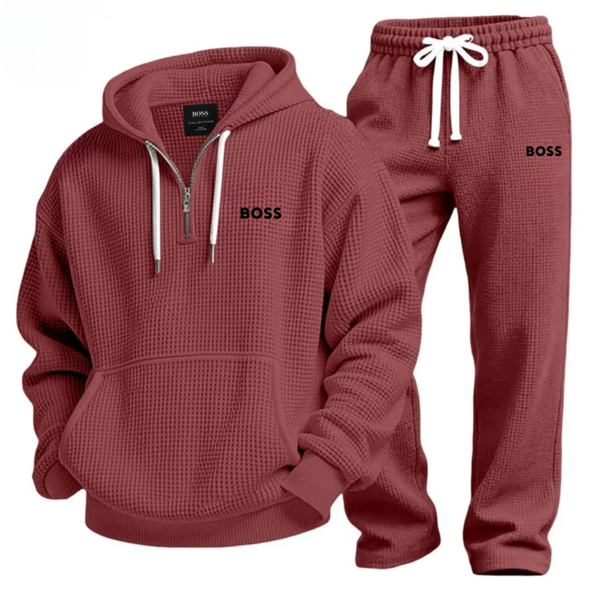Textured Quarter-Zip Hooded Tracksuit Set – Red