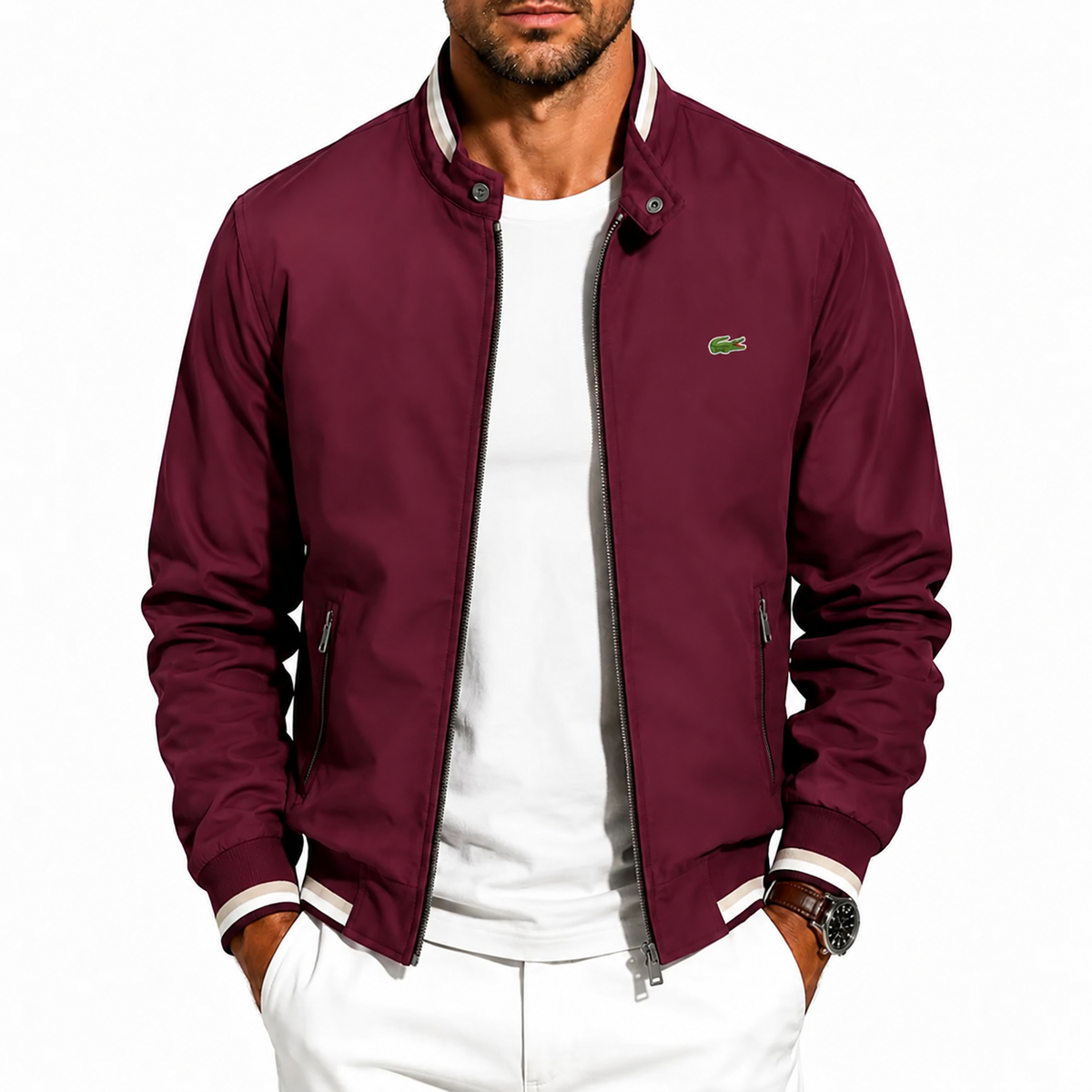 Men’s Stand Collar Bomber Jacket – Burgundy
