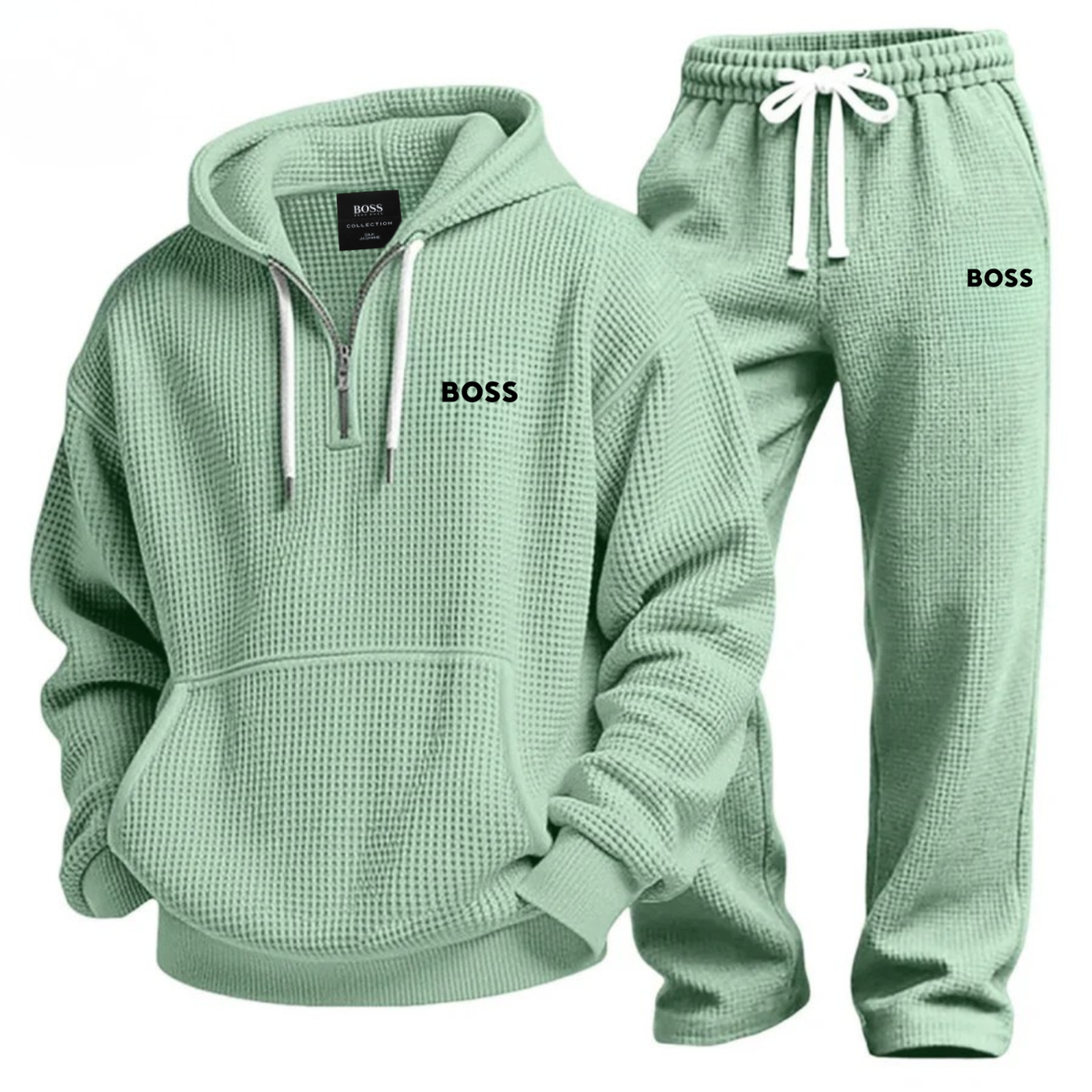 Textured Quarter-Zip Hooded Tracksuit Set – Light Green