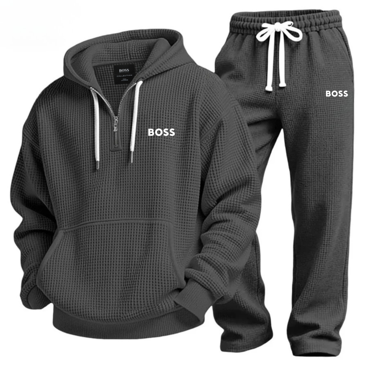 Textured Quarter-Zip Hooded Tracksuit Set – Black