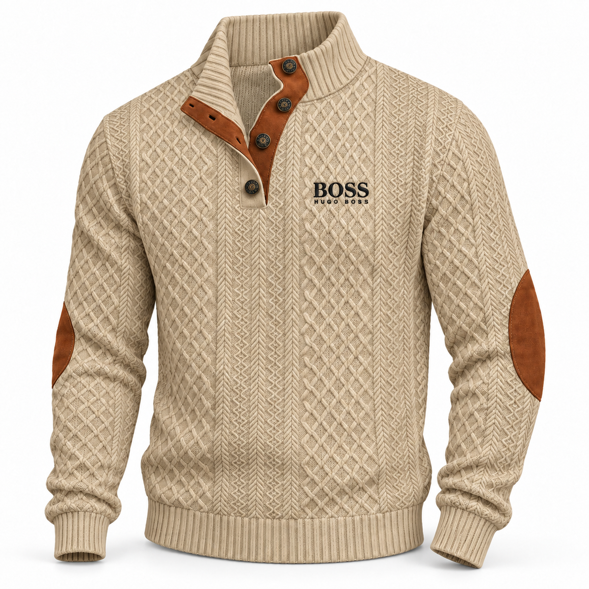 Men's Textured Button-Neck Sweater – Beige