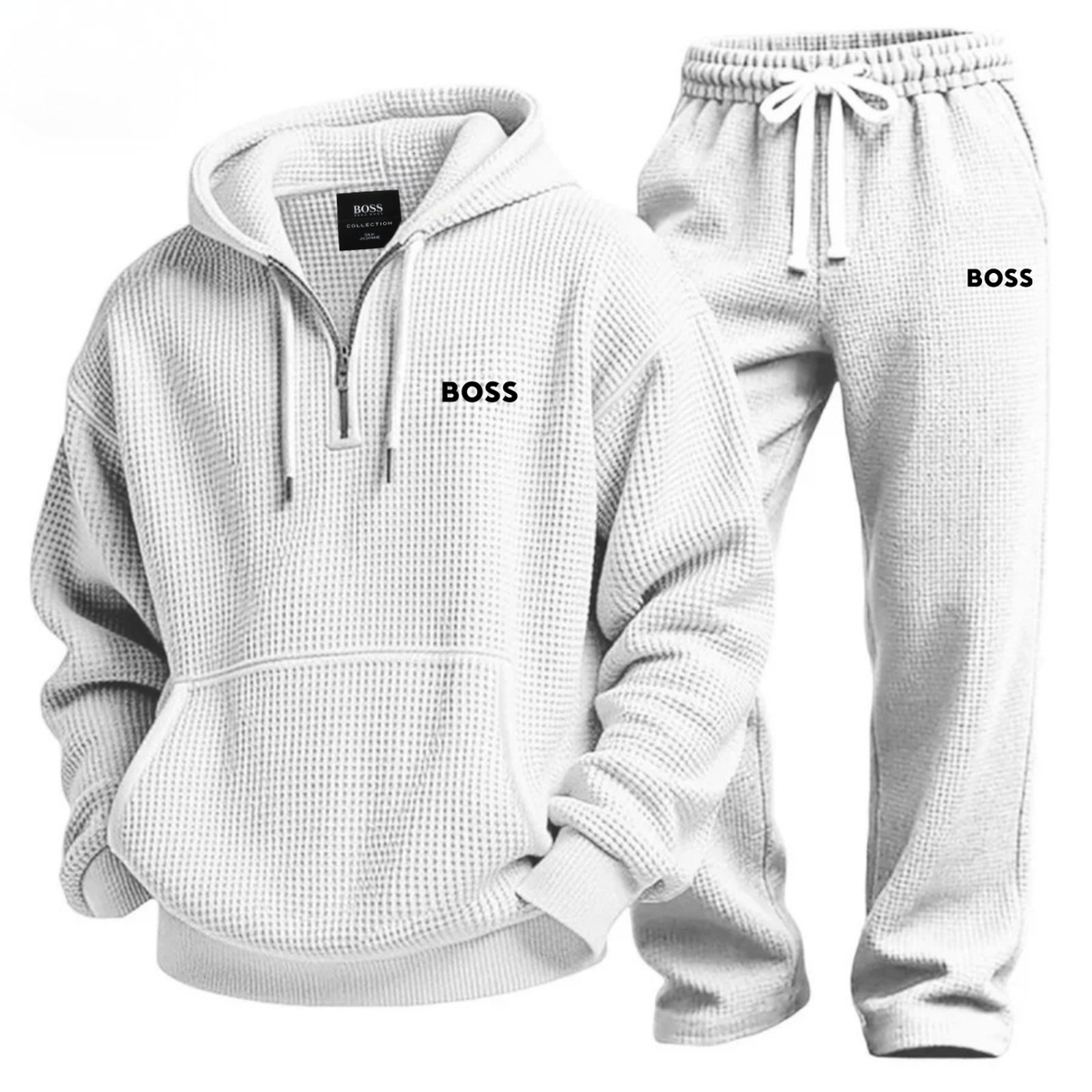 Textured Quarter-Zip Hooded Tracksuit Set – White