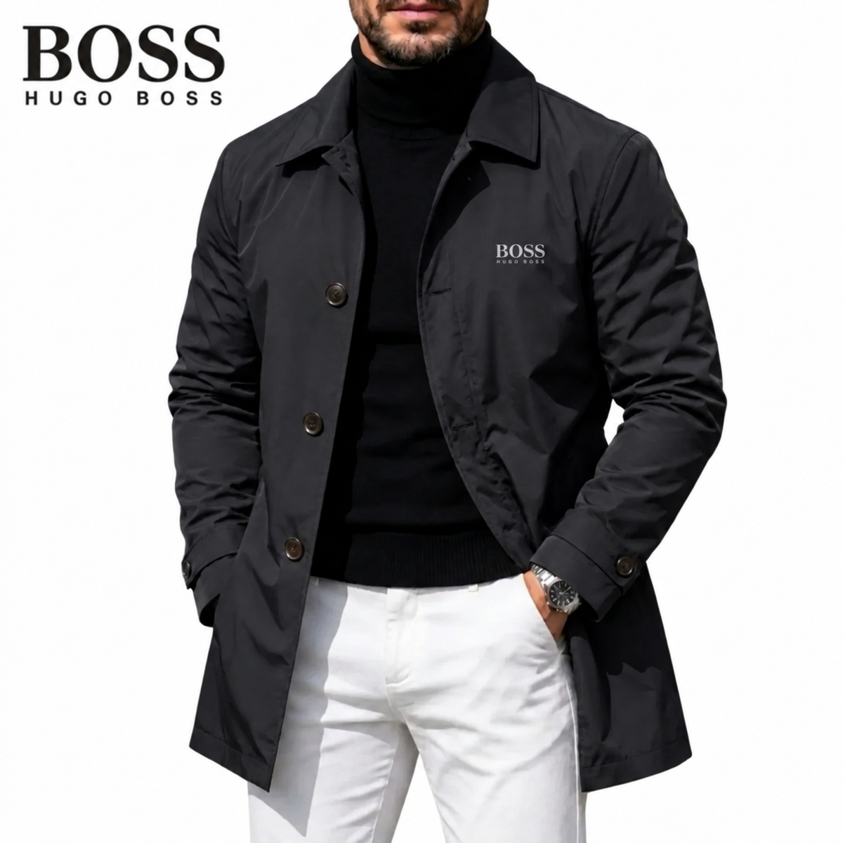 Men's Button-Front Collared Coat – Black