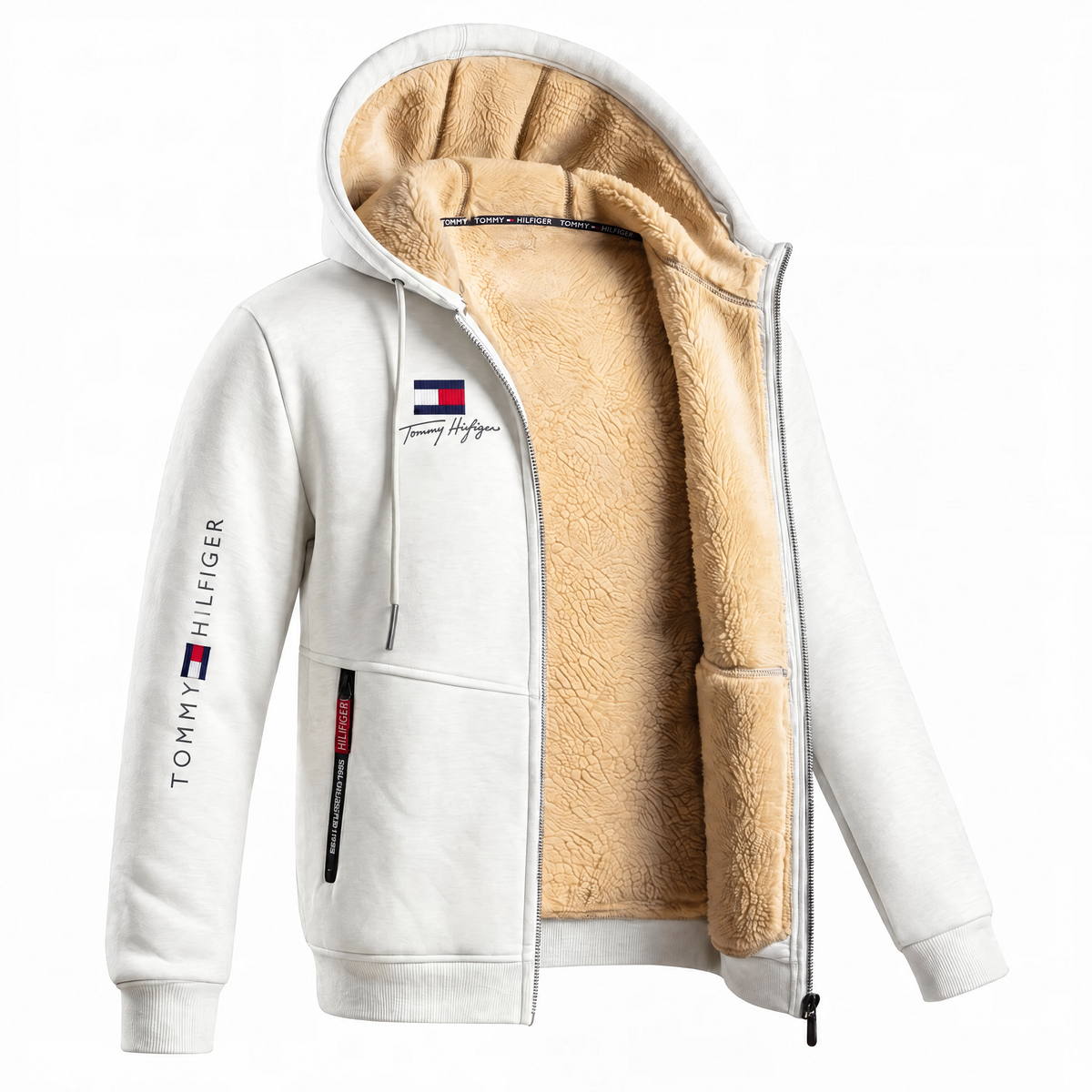 Men's Contrast-Lined Hooded Full-Zip Jacket – White