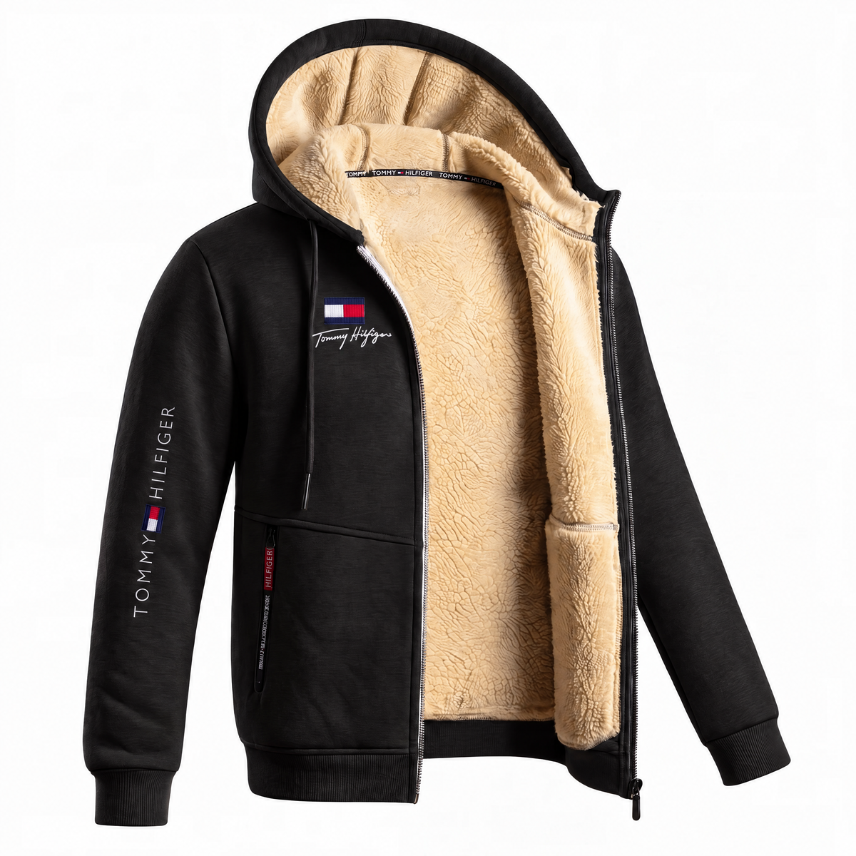 Men's Contrast-Lined Hooded Full-Zip Jacket – Black