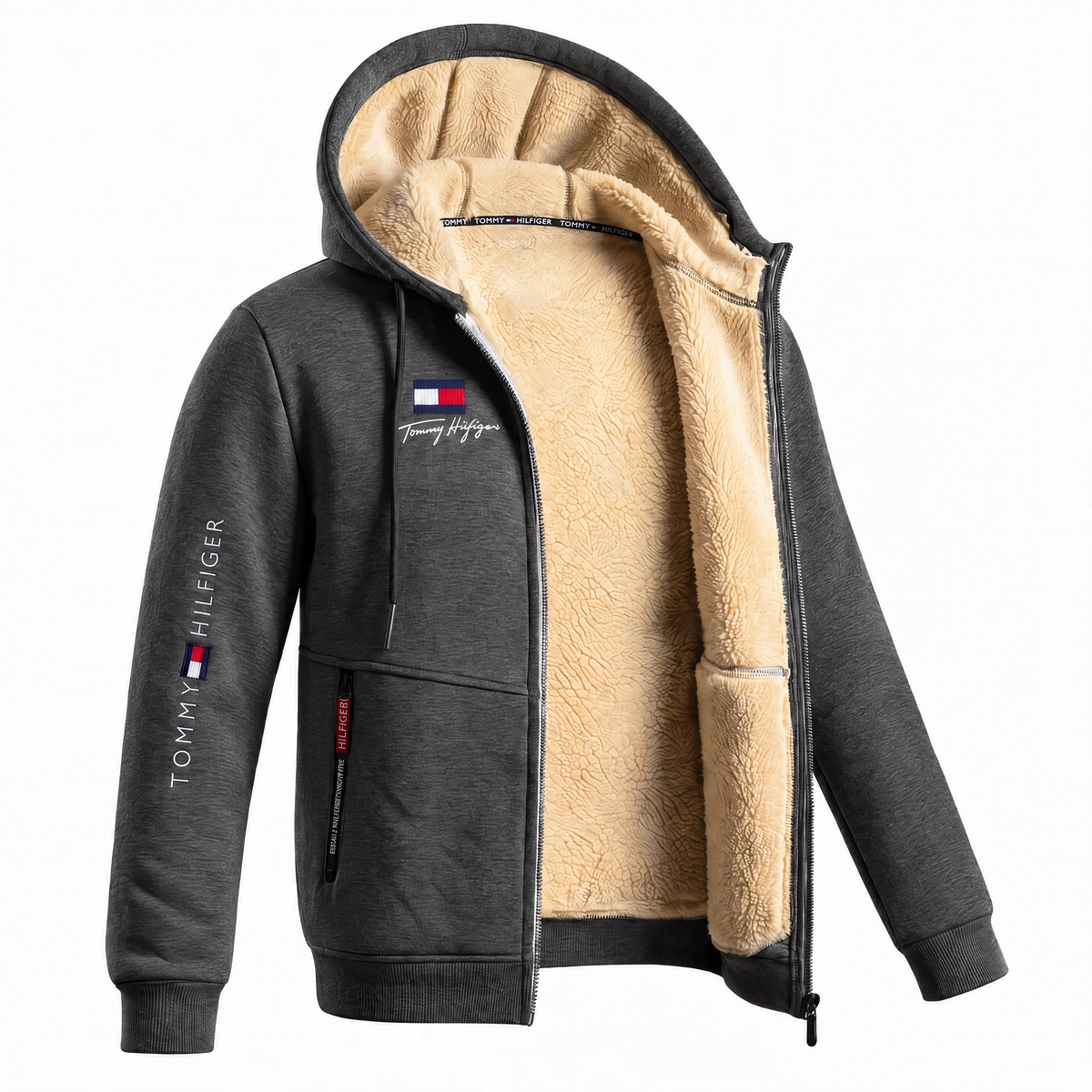 Men's Contrast-Lined Hooded Full-Zip Jacket – Dark Gray