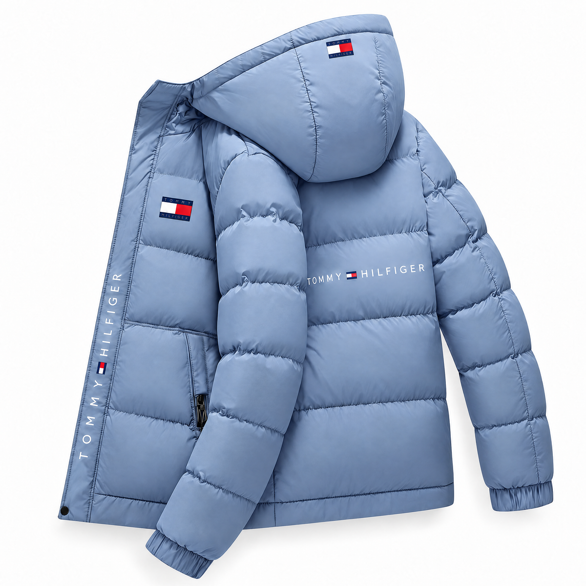 Men’s Hooded Quilted Puffer Jacket – Light Blue