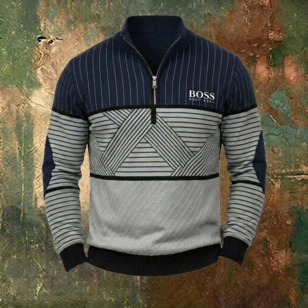 Men's Geometric Stripe Quarter-Zip Sweater – Navy Blue