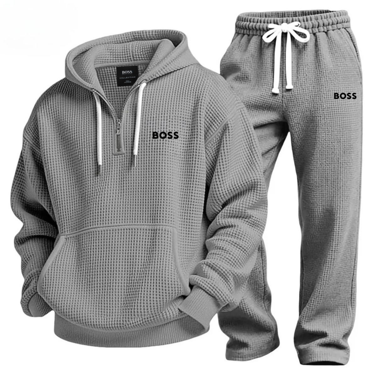 Textured Quarter-Zip Hooded Tracksuit Set – Gray