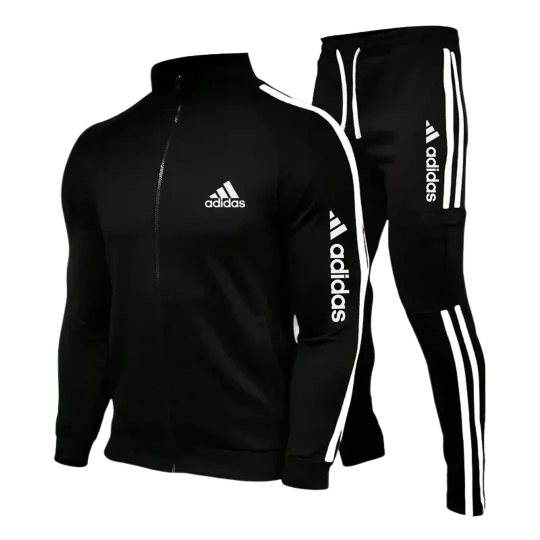 Striped Zip-Up Cargo Tracksuit Set – Black with White Stripes