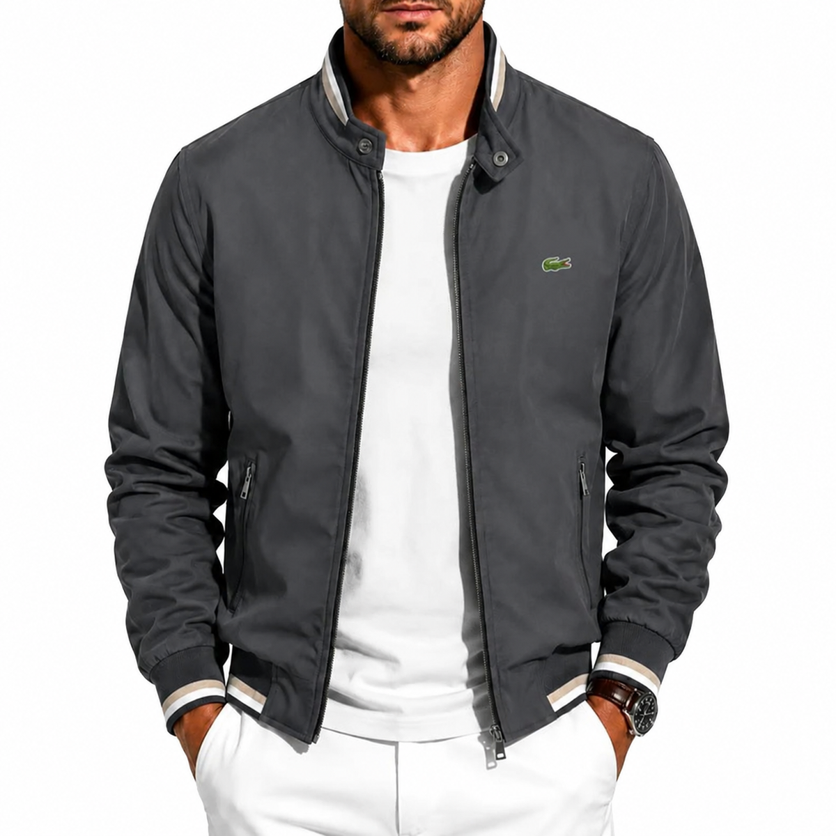Men’s Stand Collar Bomber Jacket – Grey
