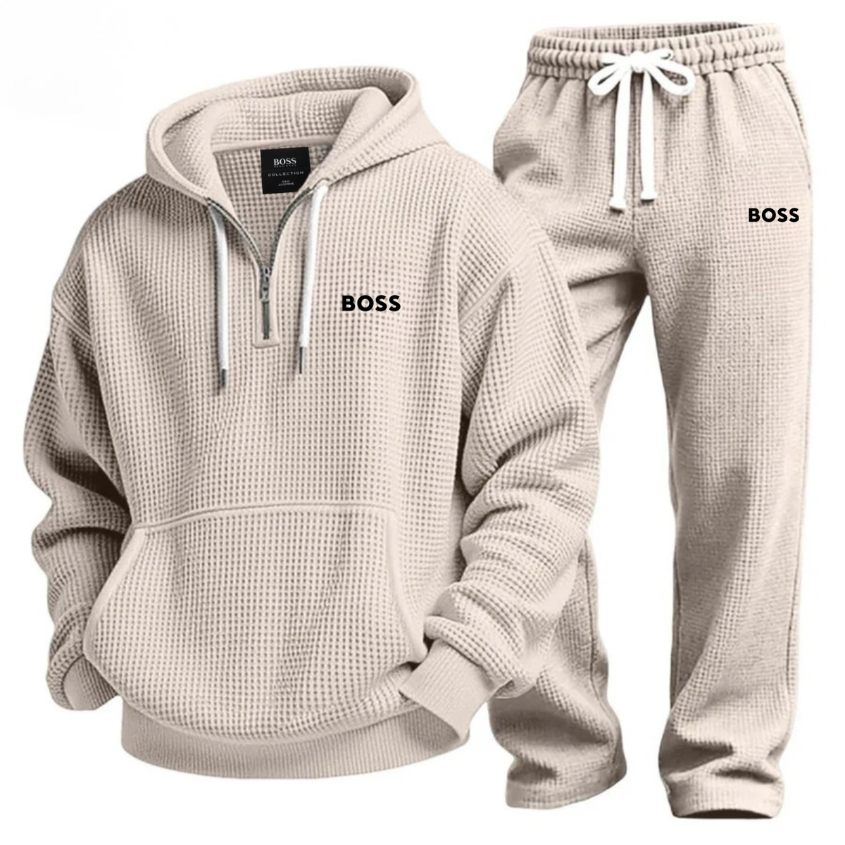 Textured Quarter-Zip Hooded Tracksuit Set – Beige