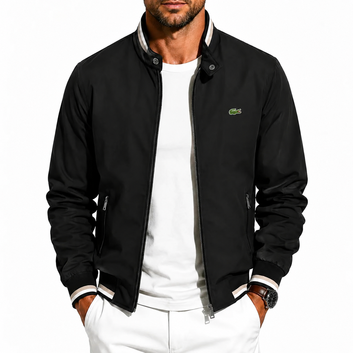 Men’s Stand Collar Bomber Jacket – Black