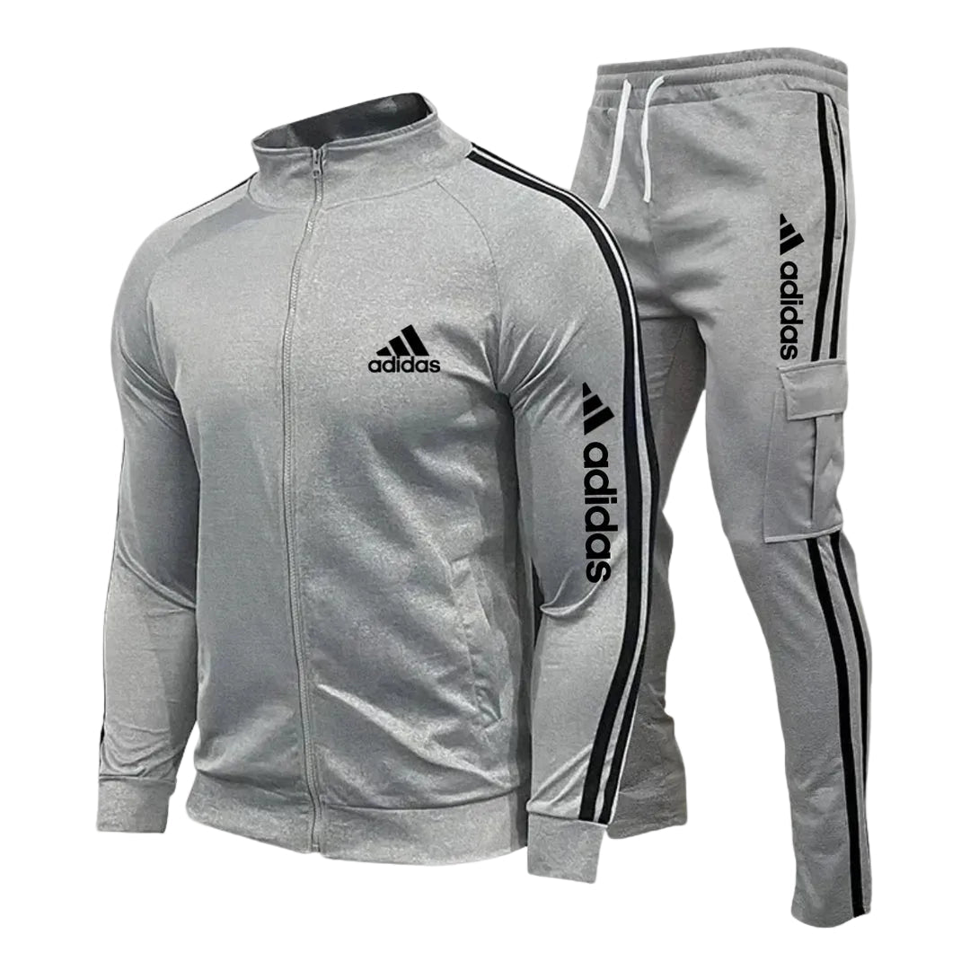 Striped Zip-Up Cargo Tracksuit Set – Gray