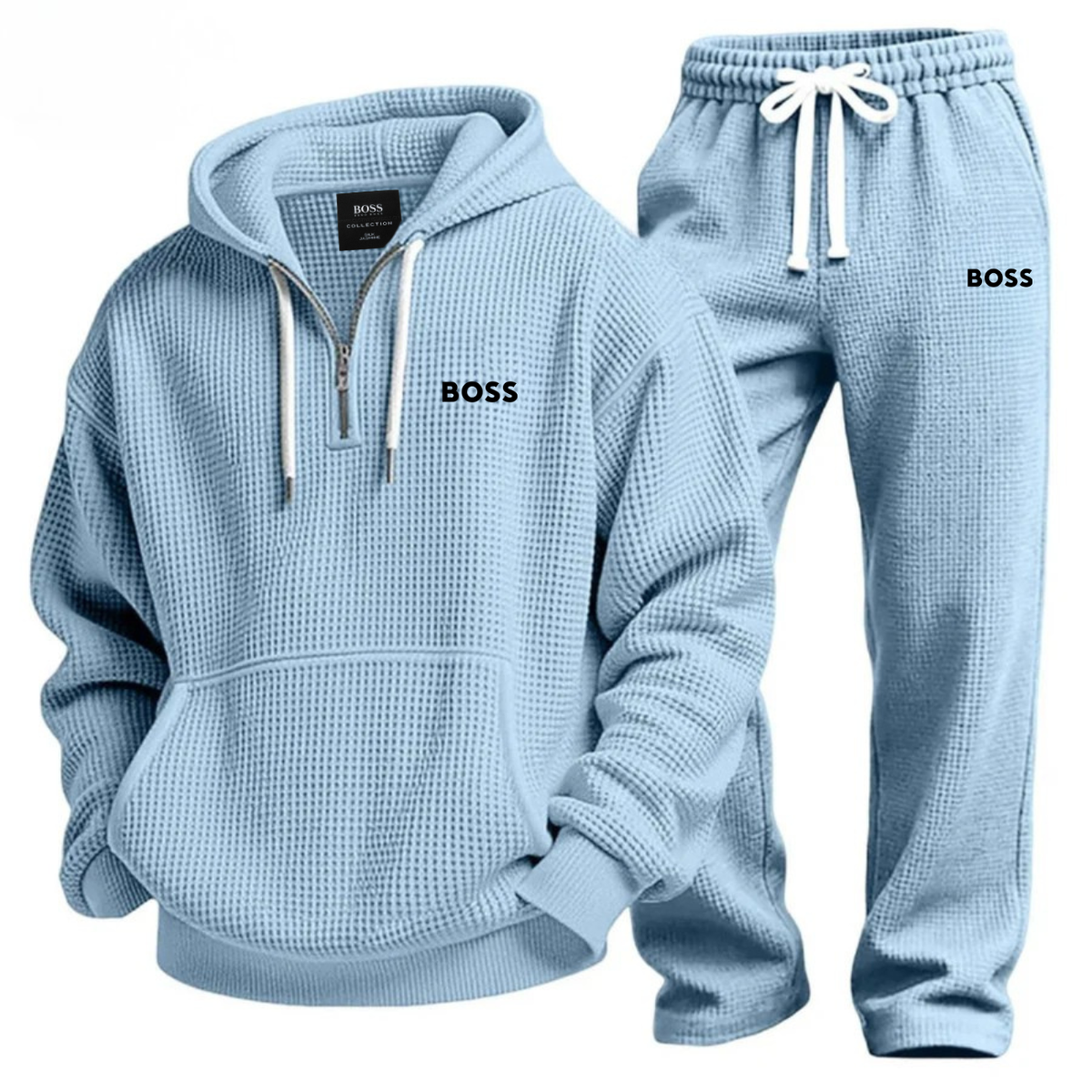 Textured Quarter-Zip Hooded Tracksuit Set – Sky Blue