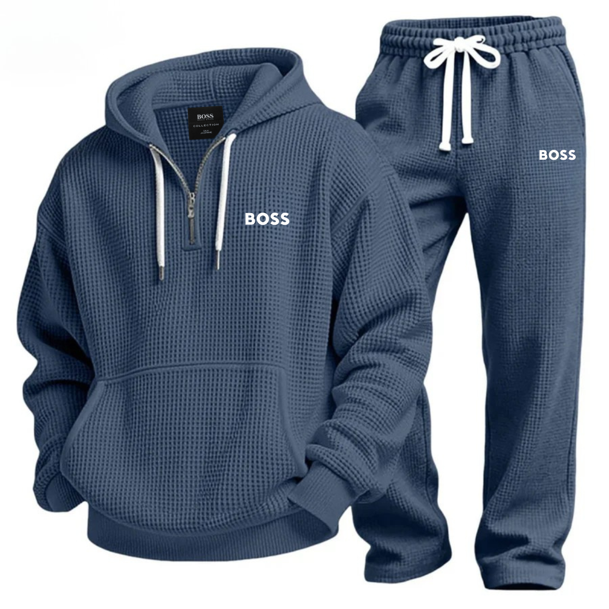 Textured Quarter-Zip Hooded Tracksuit Set – Navy Blue