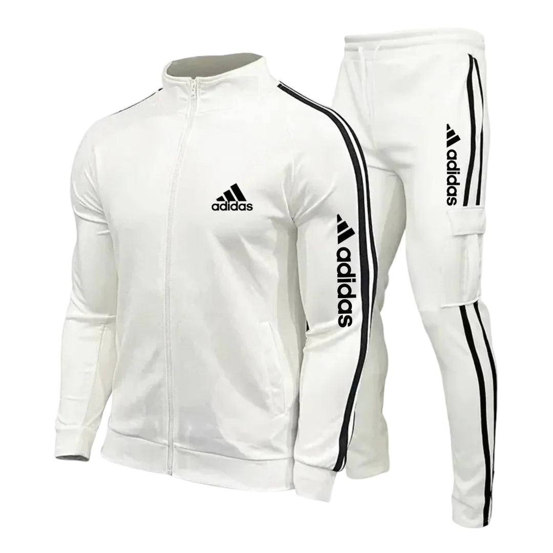 Striped Zip-Up Cargo Tracksuit Set – White