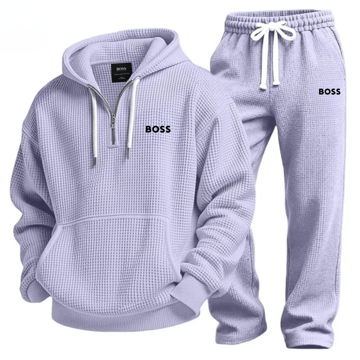 Textured Quarter-Zip Hooded Tracksuit Set – Purple