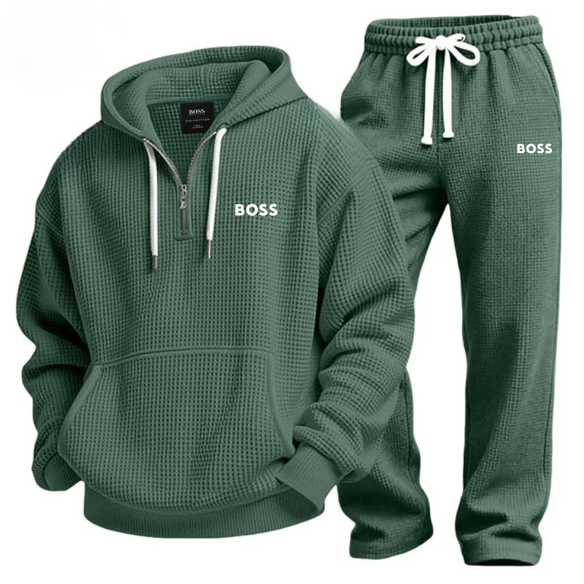 Textured Quarter-Zip Hooded Tracksuit Set – Green Army