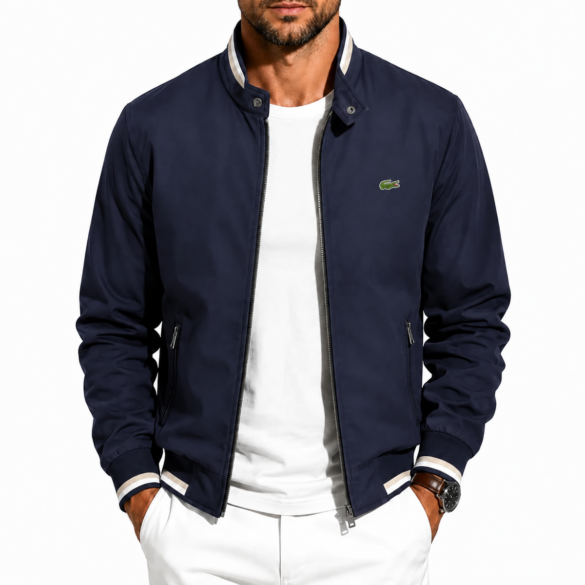 Men’s Stand Collar Bomber Jacket – Dark Blue