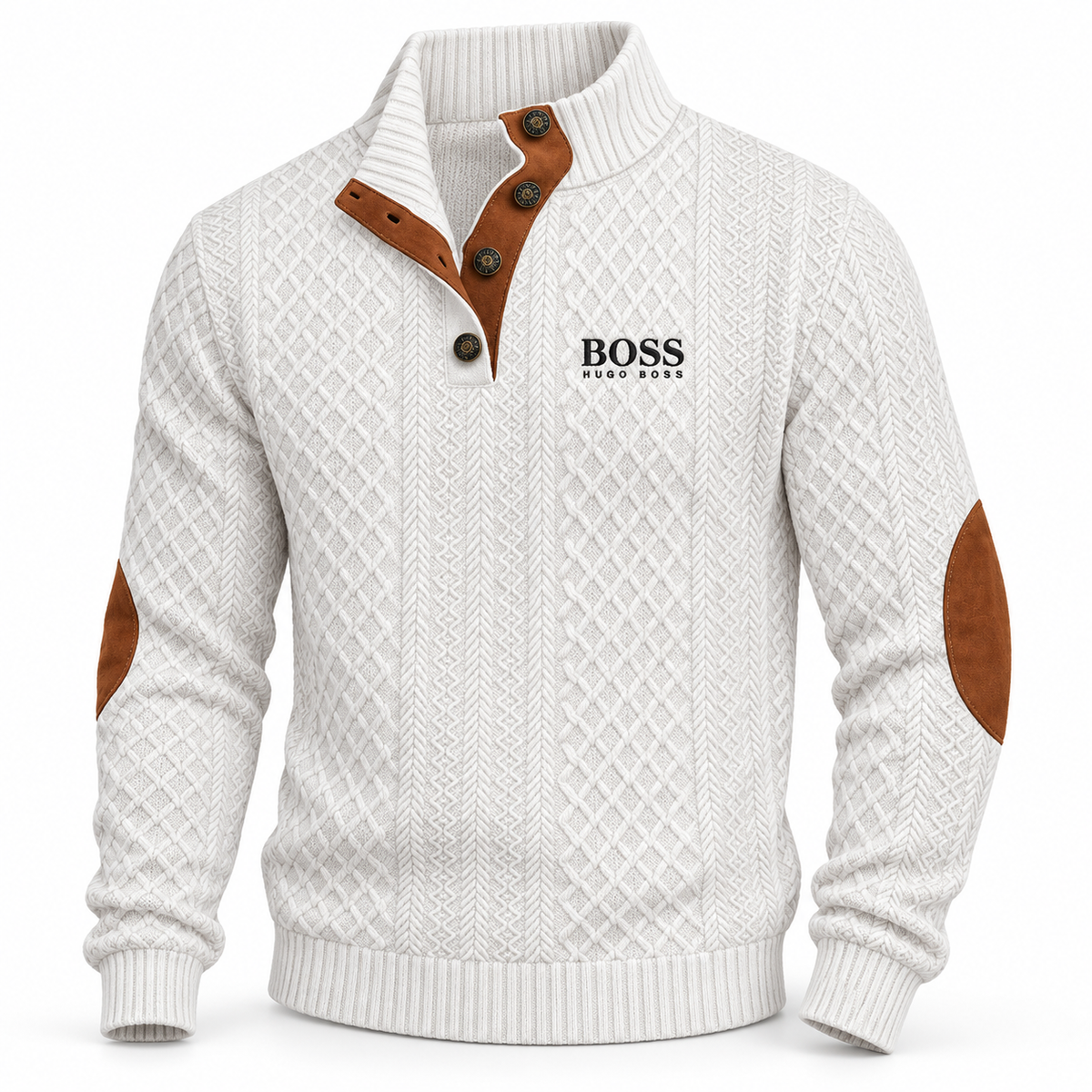 Men's Textured Button-Neck Sweater – White