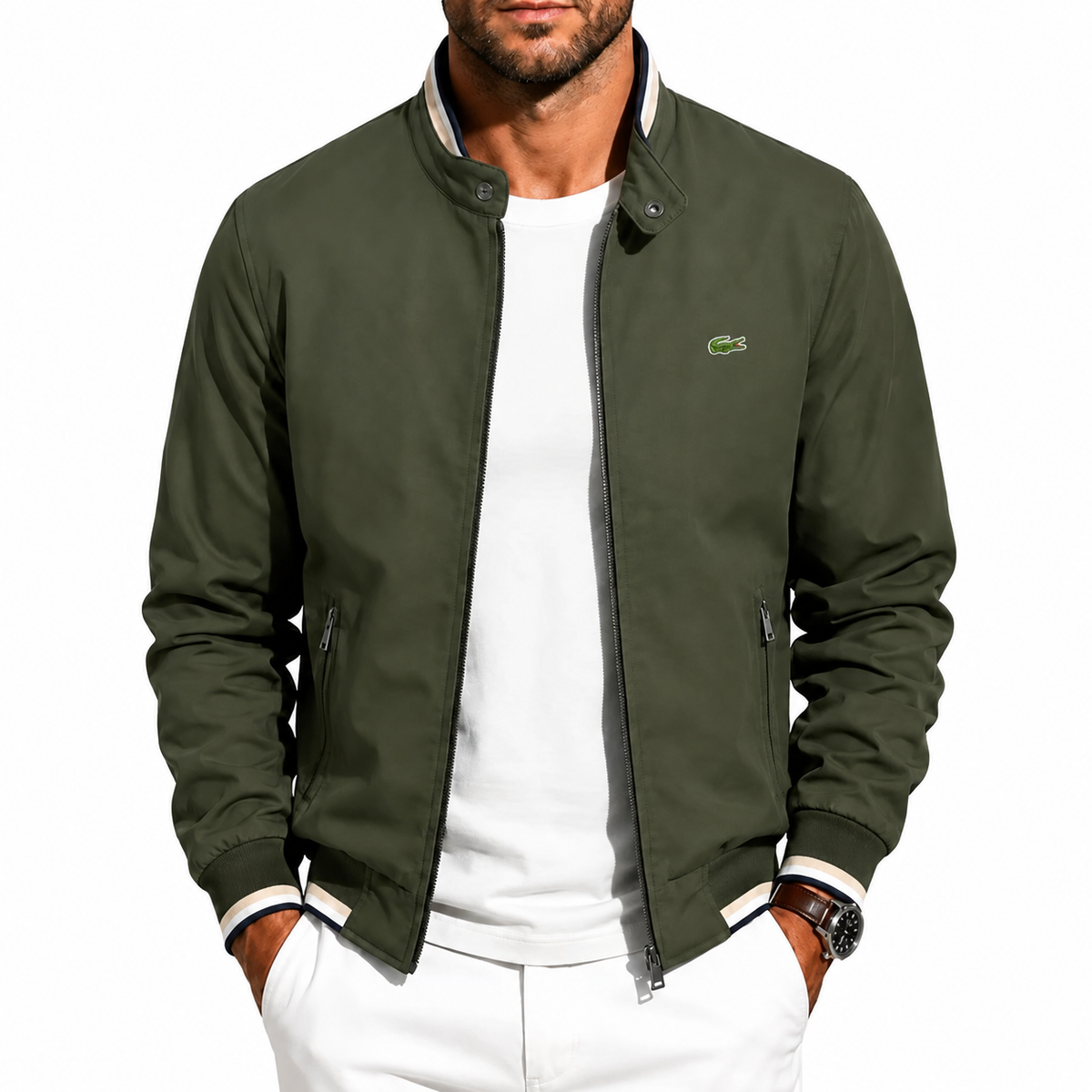Men’s Stand Collar Bomber Jacket – Army Green