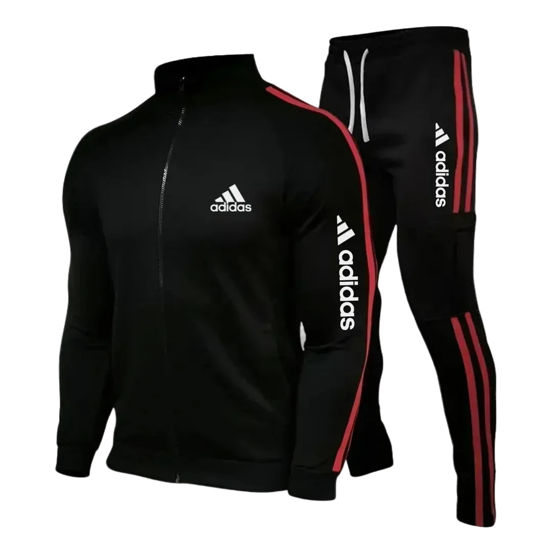 Striped Zip-Up Cargo Tracksuit Set – Black with Red Stripes