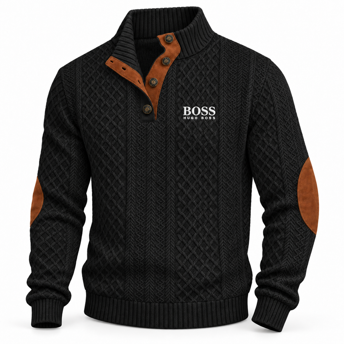 Men's Textured Button-Neck Sweater – Black