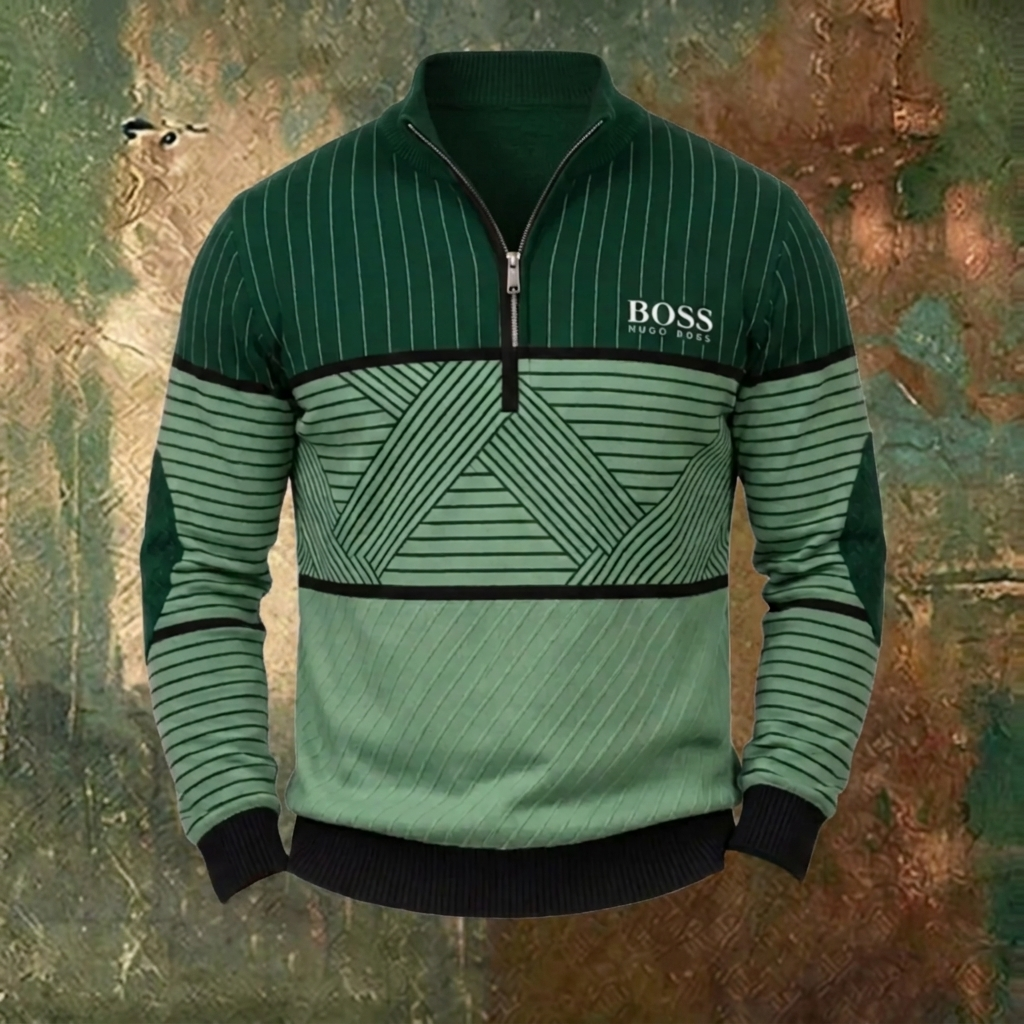 Men's Geometric Stripe Quarter-Zip Sweater – Green