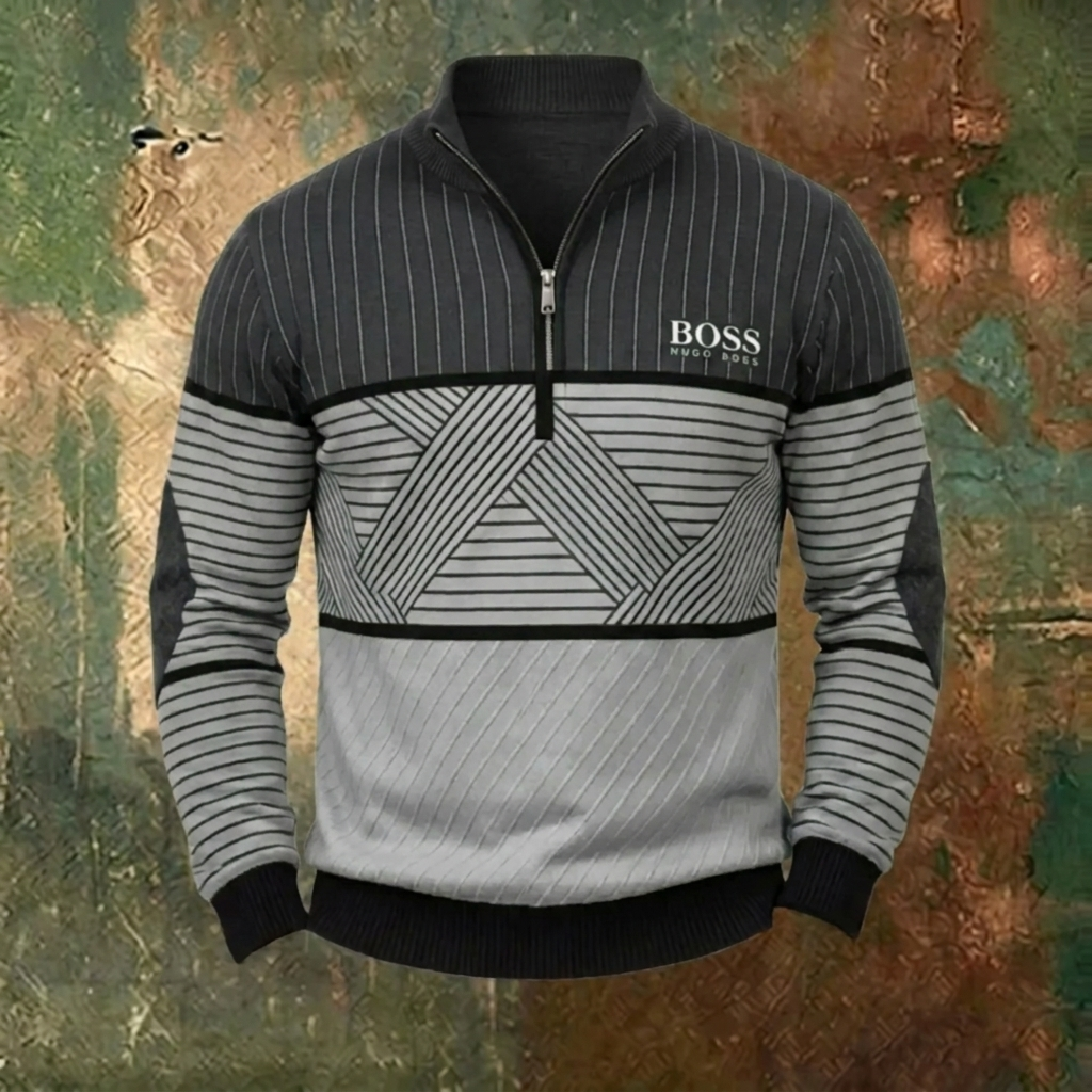 Men's Geometric Stripe Quarter-Zip Sweater – Gray