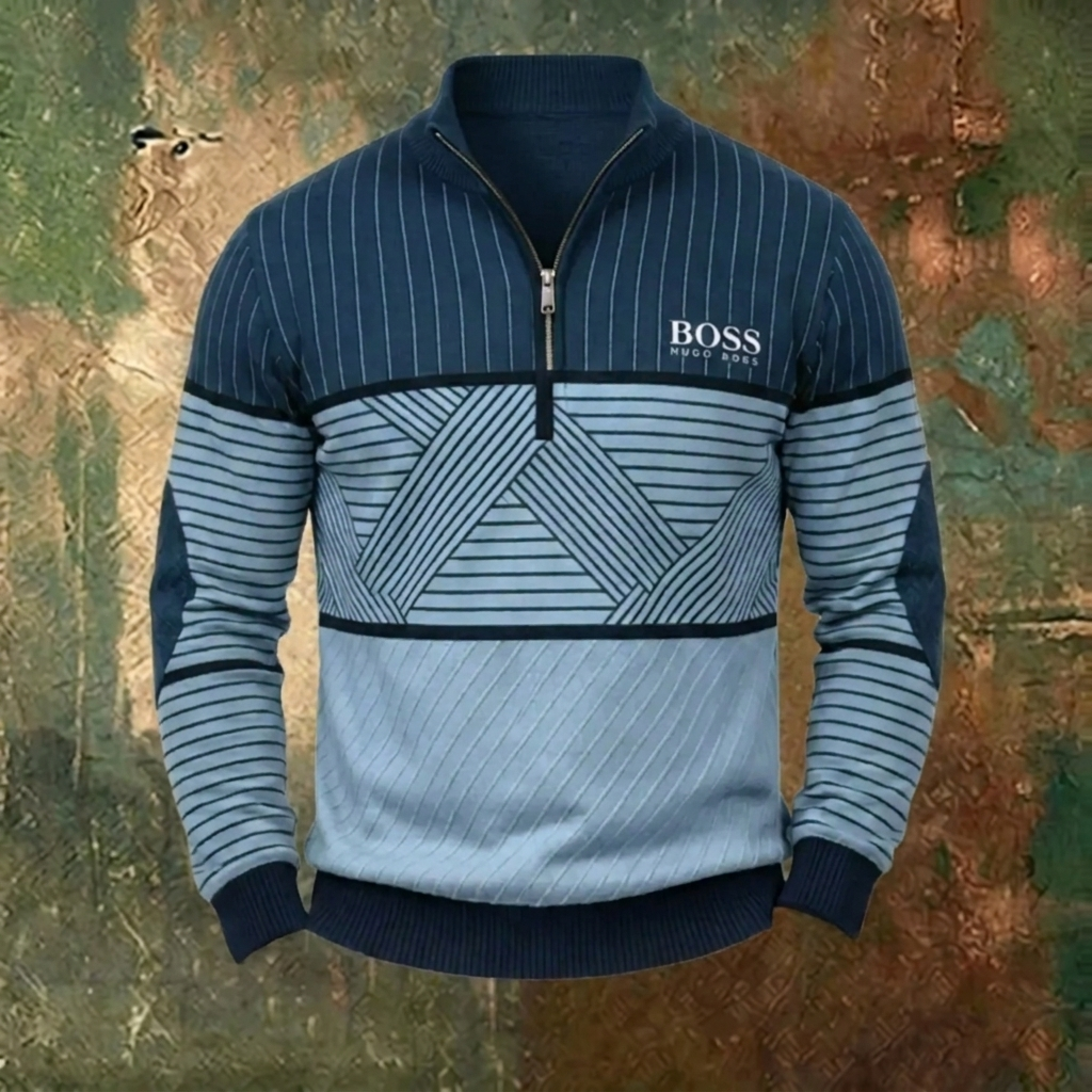 Men's Geometric Stripe Quarter-Zip Sweater – Light Blue
