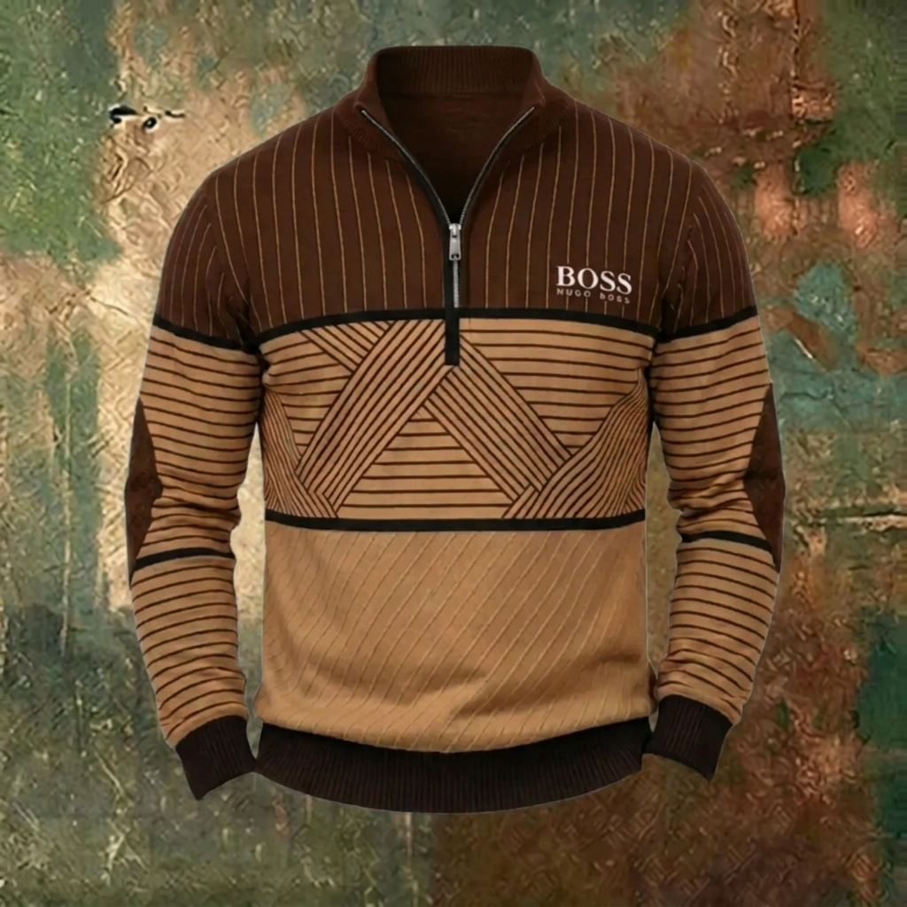 Men's Geometric Stripe Quarter-Zip Sweater – Brown