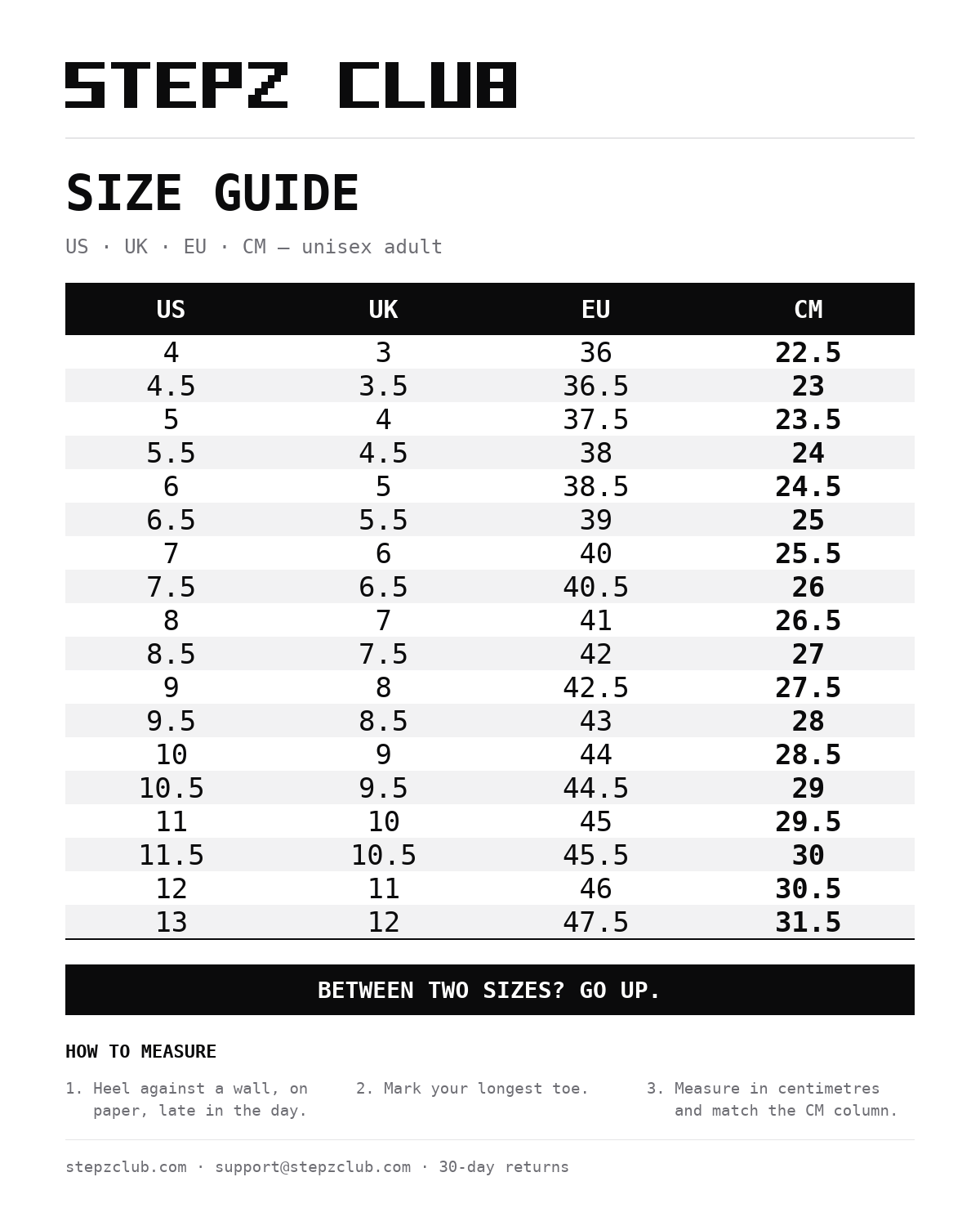 Stepz Club size guide — US, UK, EU and CM conversion